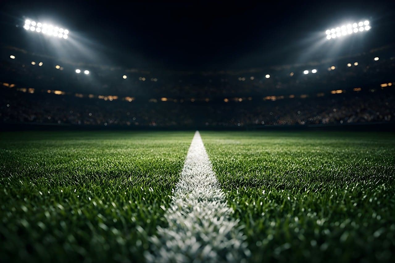 Football stadium under floodlights at night