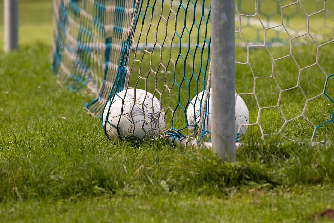 Footballs in a goal net on a grass pitch