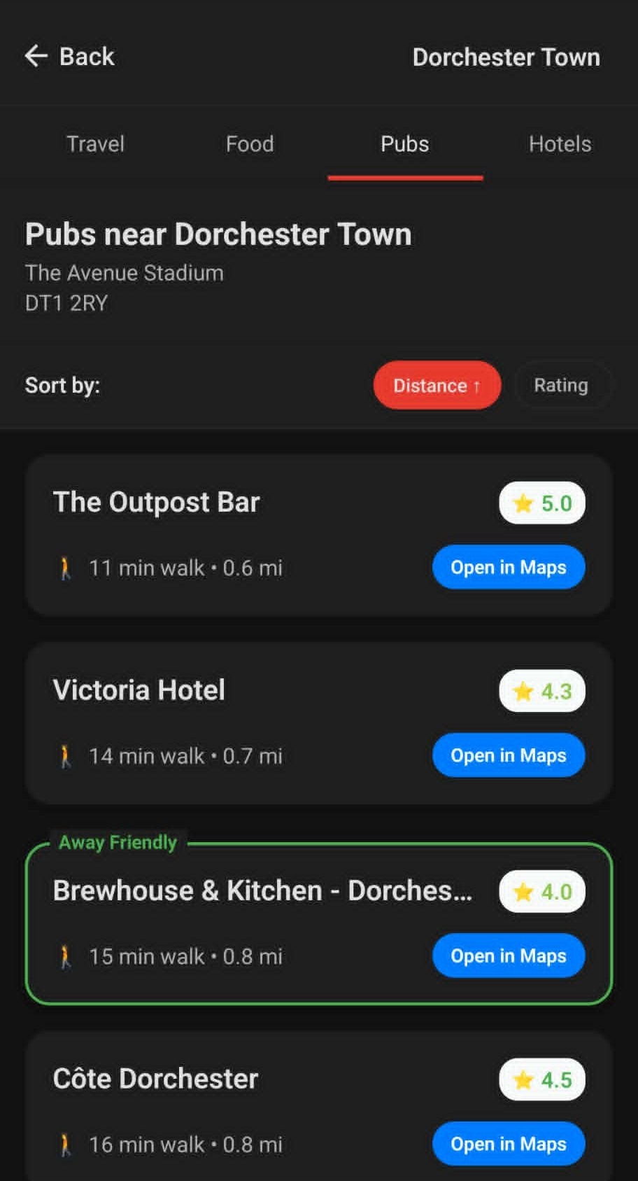 Follow Away app pubs tab for Dorchester Town, with Brewhouse & Kitchen marked Away Friendly