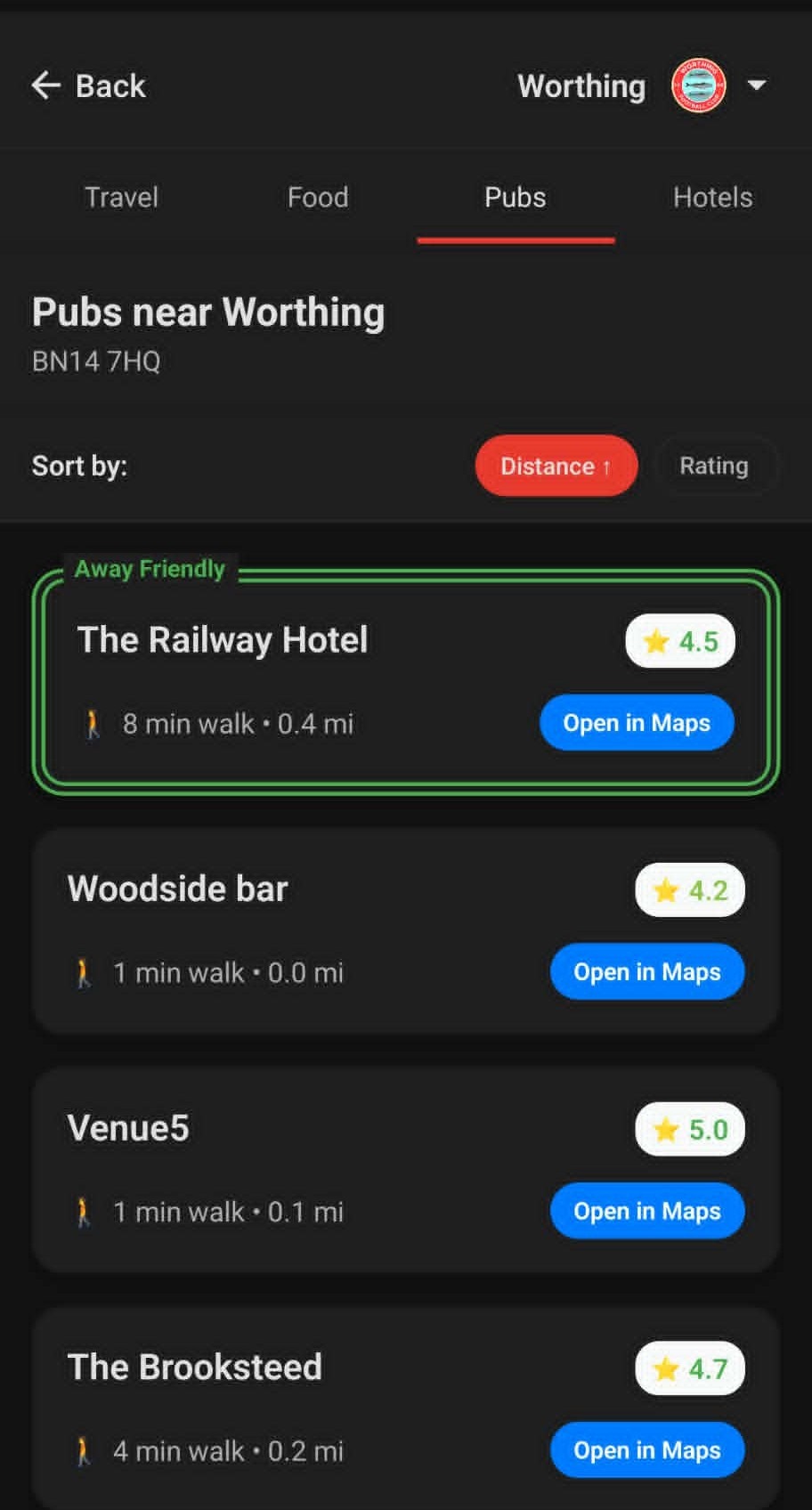 Follow Away app pubs tab showing The Railway Hotel with a green Away Friendly badge at the top of the list