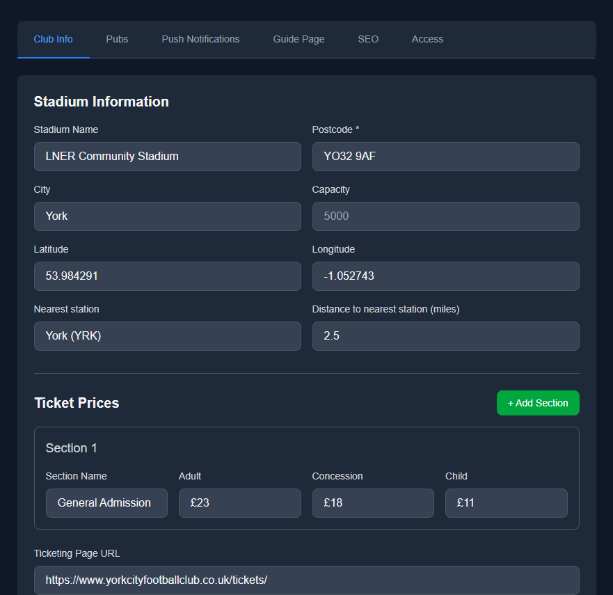 Club Info tab with stadium name, postcode, nearest station and ticket price sections