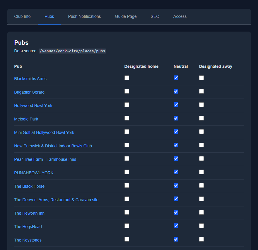 Pubs tab listing pubs near York City with Designated home, Neutral and Designated away checkboxes